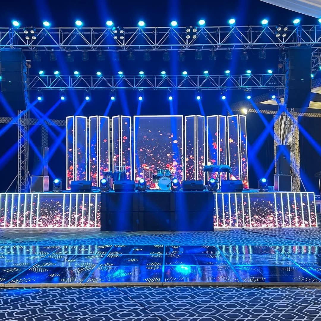 Professional truss stage with moving-head lighting, LED video wall and mirrored LED dance floor