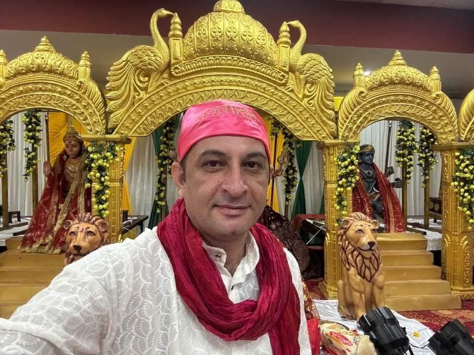 Decorated Mata Ki Chowki darbar setup with devotional staging and lighting